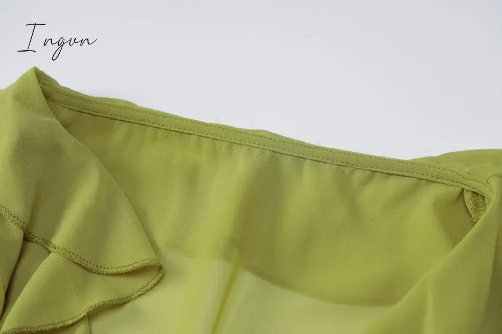 Ingvn - Summer Outfits Vintage 90s Streetwear Ruffles Trim Green Chiffon T-shirts Y2K Fashion Sexy Deep V Lace Up Long Sleeve Tops Transparent