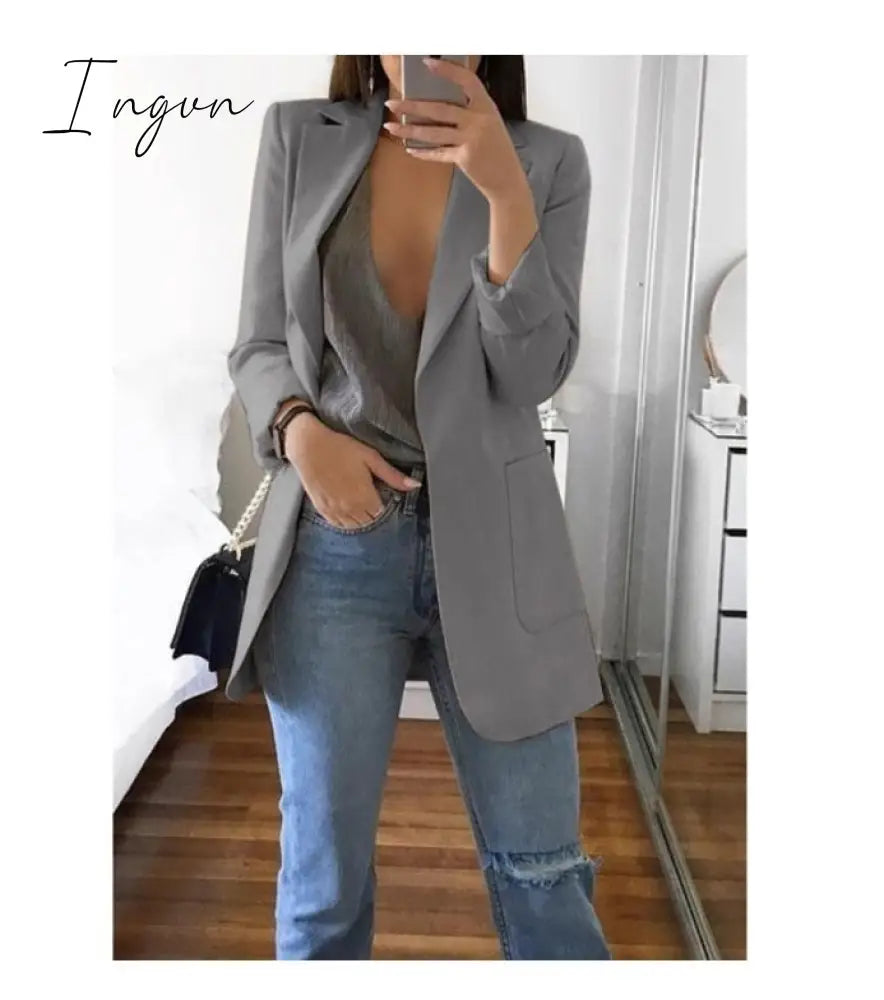 Ingvn - Fashion Korean Casual Women's Blazer Spring Autumn Long Blazer Women Suit Outwear Slim Coats Office Ladies Blazer Work Jacket