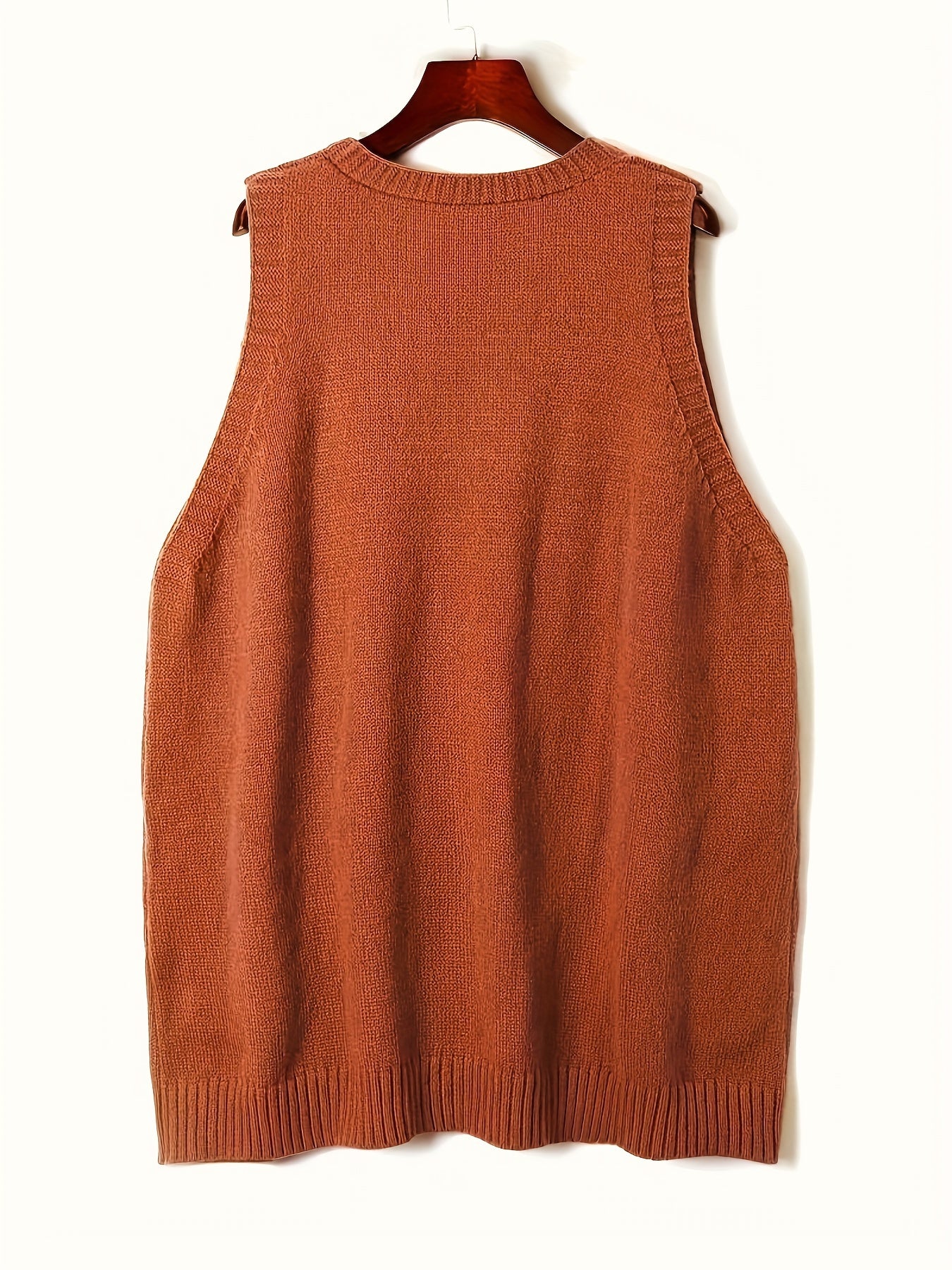 2024 Spring/Fall New Arrival V-Neck Knitted Vest with Pockets, Casual Large Size Pullover Cardigan, Solid Color, Polyester, No Bra Pad, for Casual Outings