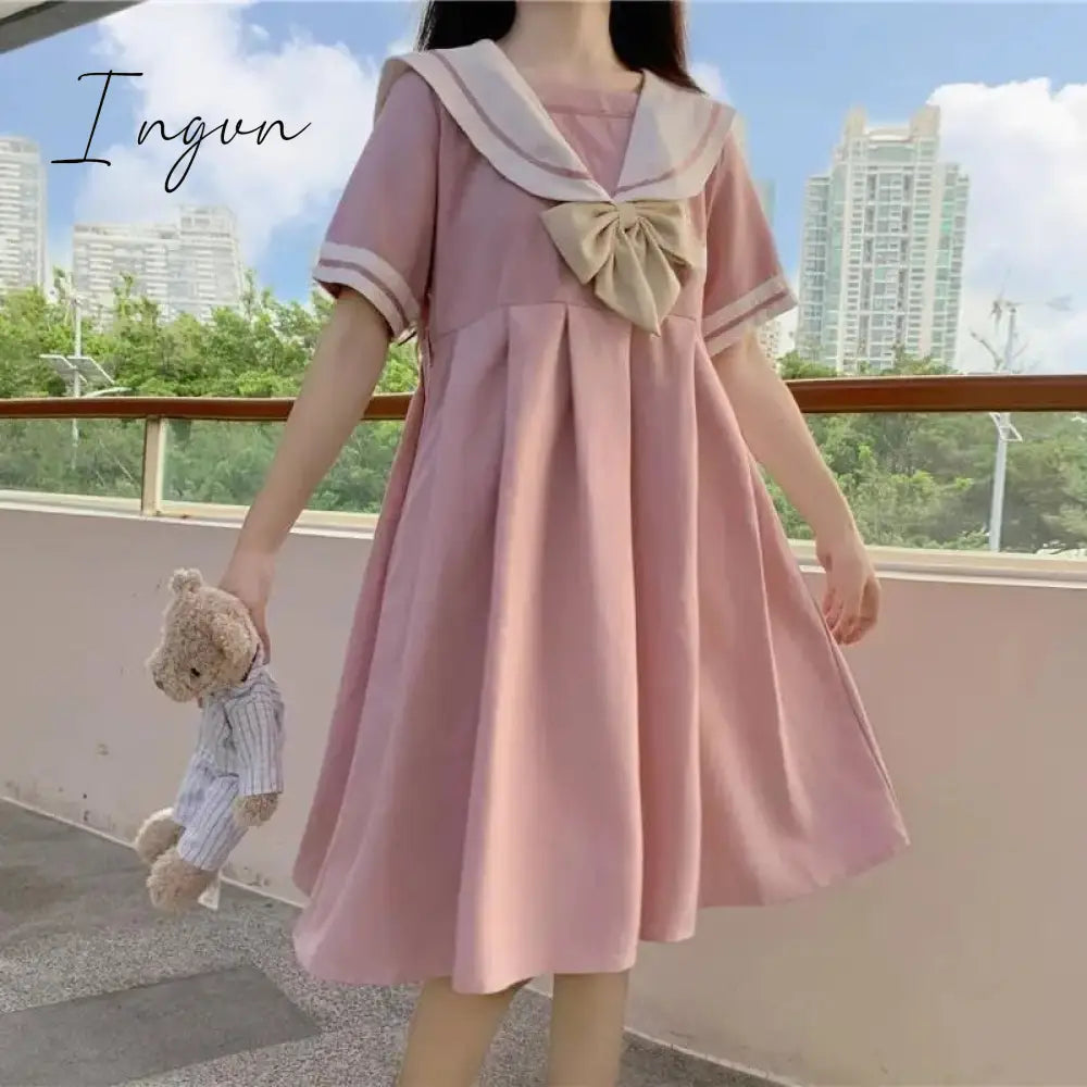 Ingvn - Harajuku Sailor Collar Navy Dress Japanese Lolita Sweet Bow-knot Girl Retro Cotton Kawaii Preppy Style Short Sleeve Dress Women