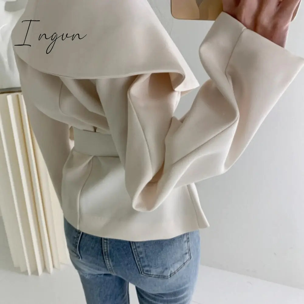 Ingvn - Women Spring Autumn Short Blazer Coat with Belt Big Lapel Collar Female Full Sleeve Cardigan Outerwear