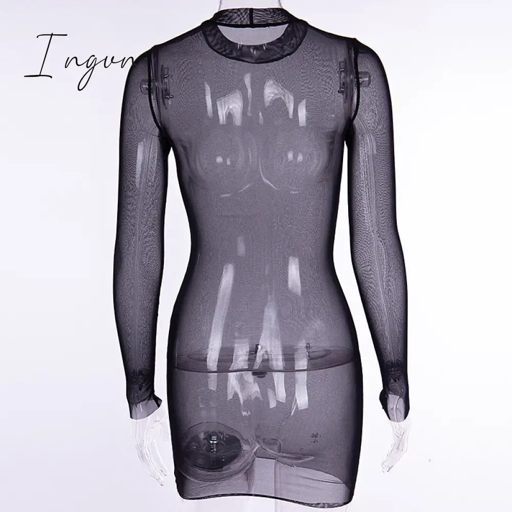 Ingvn - Summer Outfits Fashion Trends Sexy Women Dress Mesh See-through Long Sleeves Dress Slim Tight Backless Dress Party Clubwear Female Mini Dresses Black