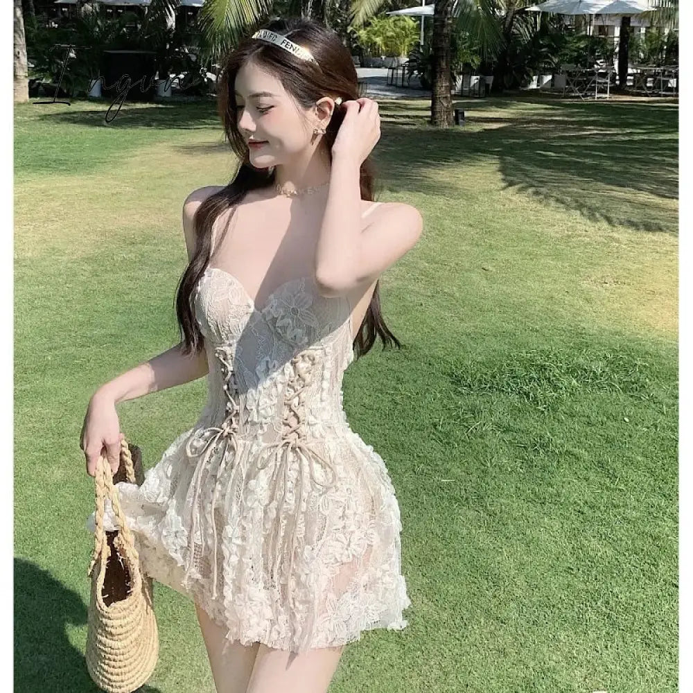 Ingvn - Backless Dress Women Lace Sexy Short Embroidery Mini Y2k Push Up Dress with Flowers Korean Dress Summer Gothic Party