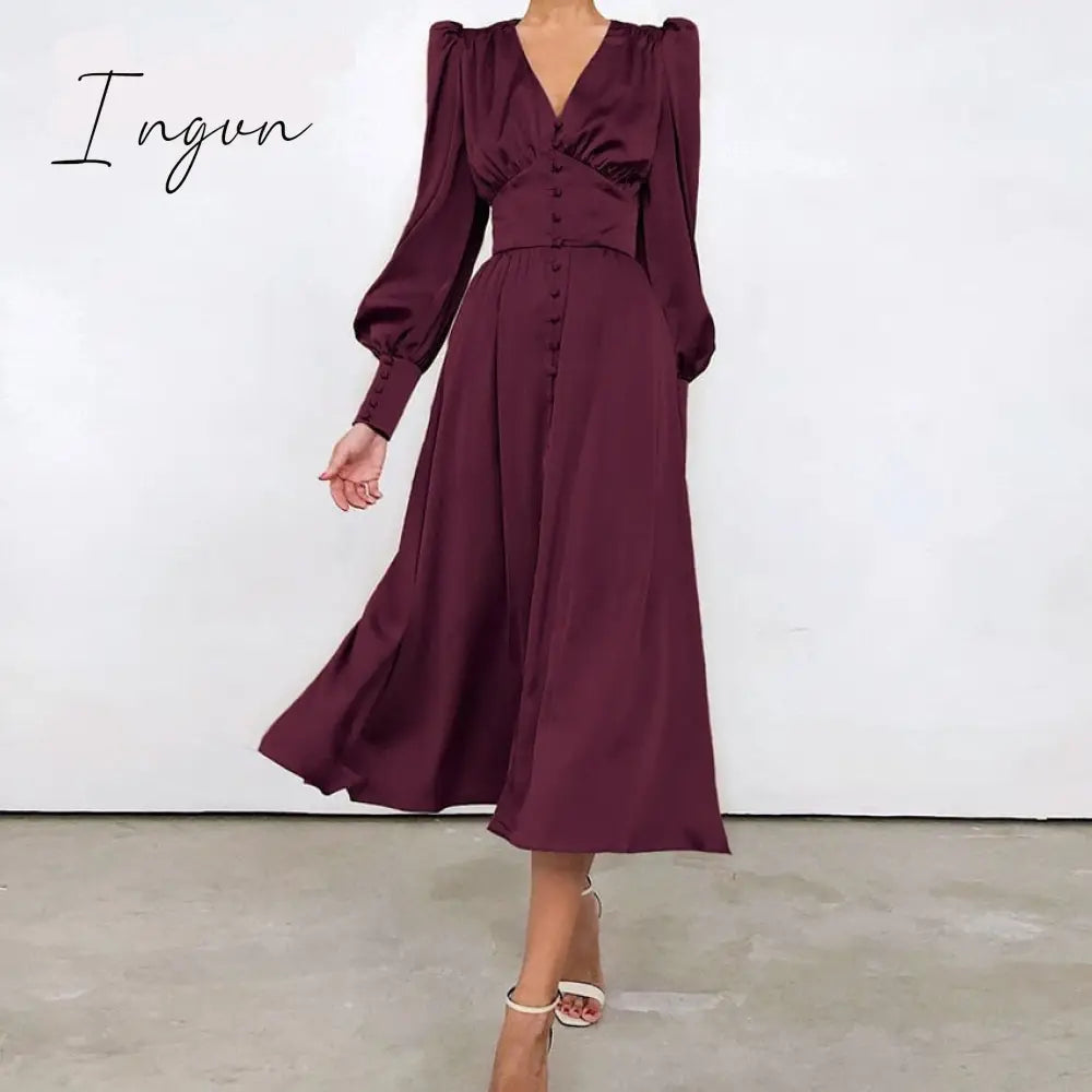 Ingvn - Elegant spring satin bishop sleeve a-line dress women V-neck high waist button dress solid Vintage long dresses chic