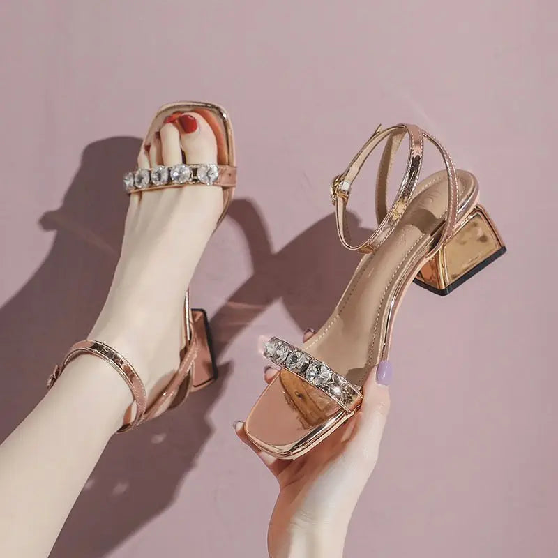 Sandals For Women Rhinestones Office Work With Medium Heels Square Woman Shoes One Word Diamond Luxury Premium Offer