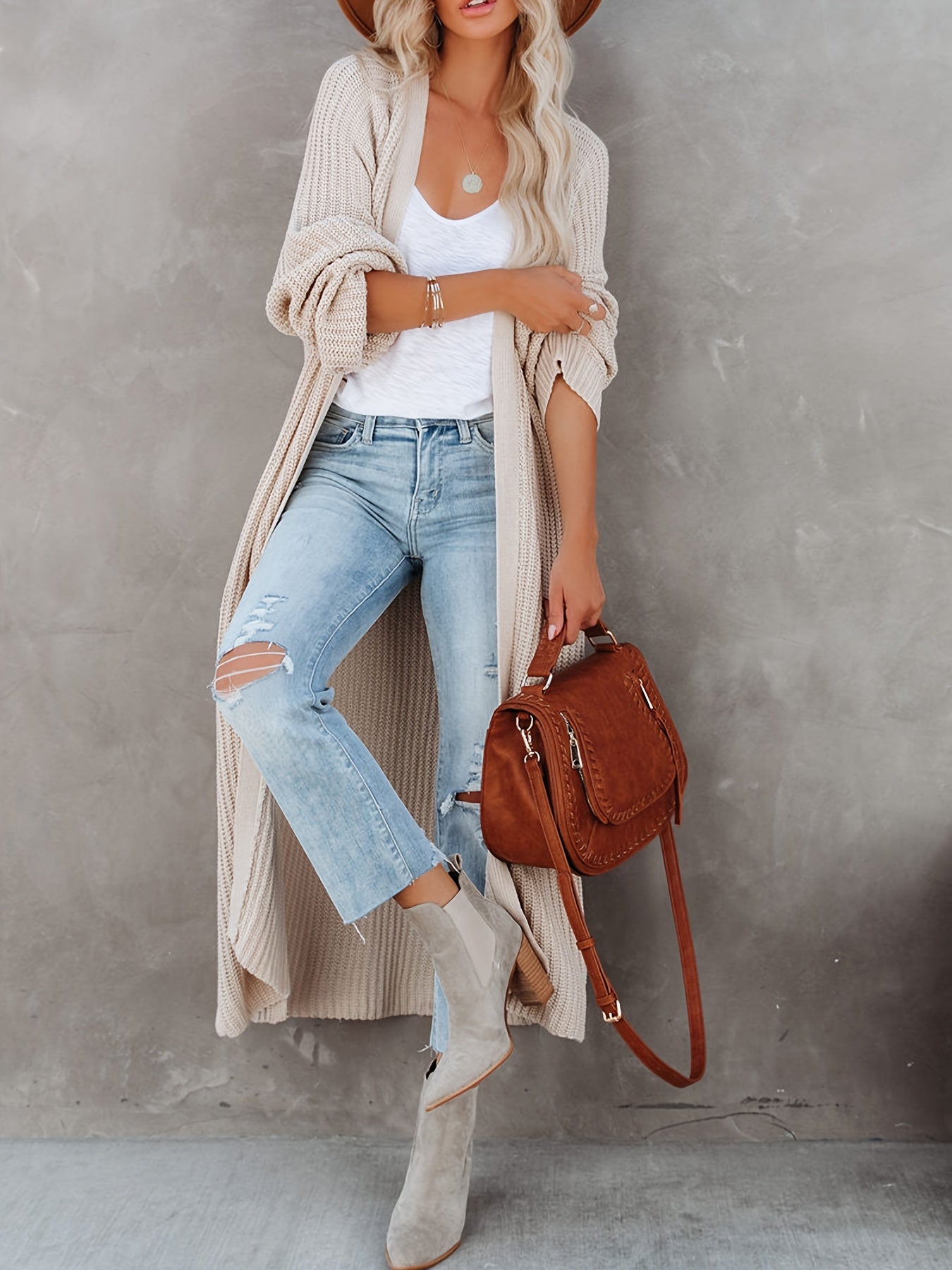 Stylish & Cozy Open Front Cardigan - Long Sleeve, Stretch Knit, Solid Color, Perfect for Autumn/Winter