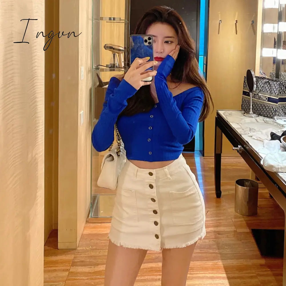 Ingvn - Summer Sexy Mini Skirt Women New Arrival Single Buttons High Waist Denim Shorts Skirt Black Or White A Line Jean Skirts