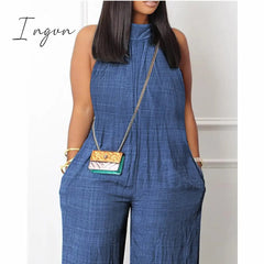 Ingvn - Women Elegant Fashion Denim Look Print Pocket Wide Leg Pants Jumpsuit Women Casual Loose Romper Overalls Onepieces Streetwear