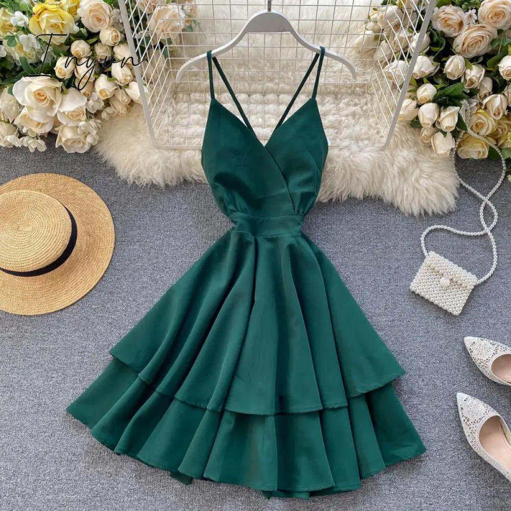 Ingvn - Summer Spring Beach Holiday V-Neck Backless Lace Up Ruffles Cakes Solid Elegant Women Lady A-line High Waist Dress
