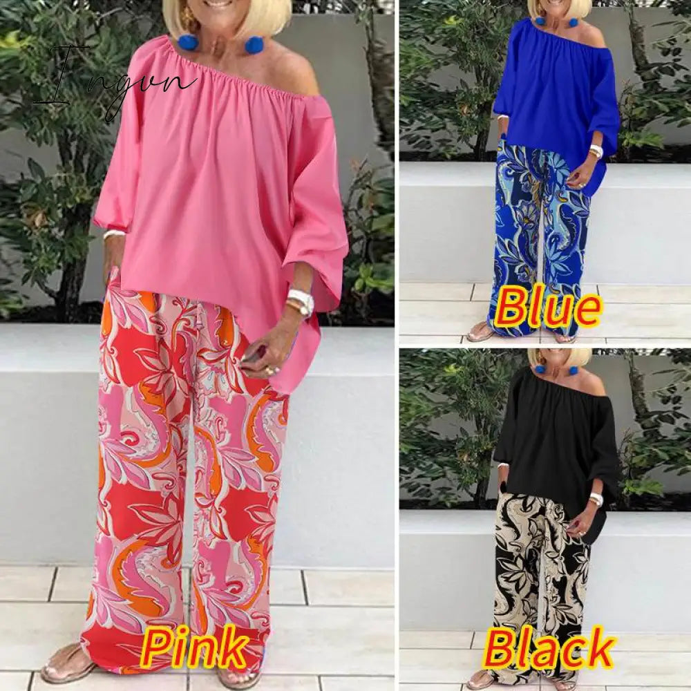 Ingvn - Pants Sets Fashion One Shoulder 3/4 Sleeve Tops Floral Print Wide Leg Trouser Women Two Piece Sets Casual Loose Suit