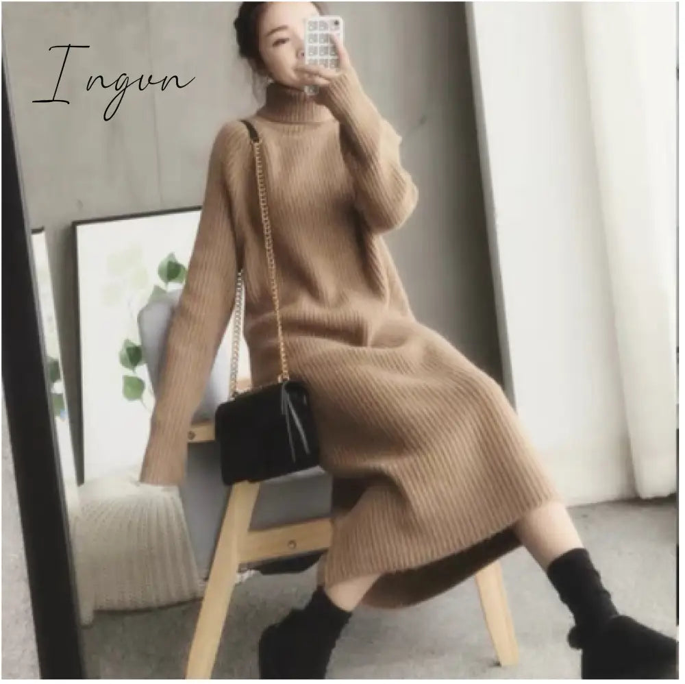 Ingvn - Turtleneck knitted sweater dress ladies fall winter elastic cashmere bottoming shirt midlength over the knee thick sweater dress