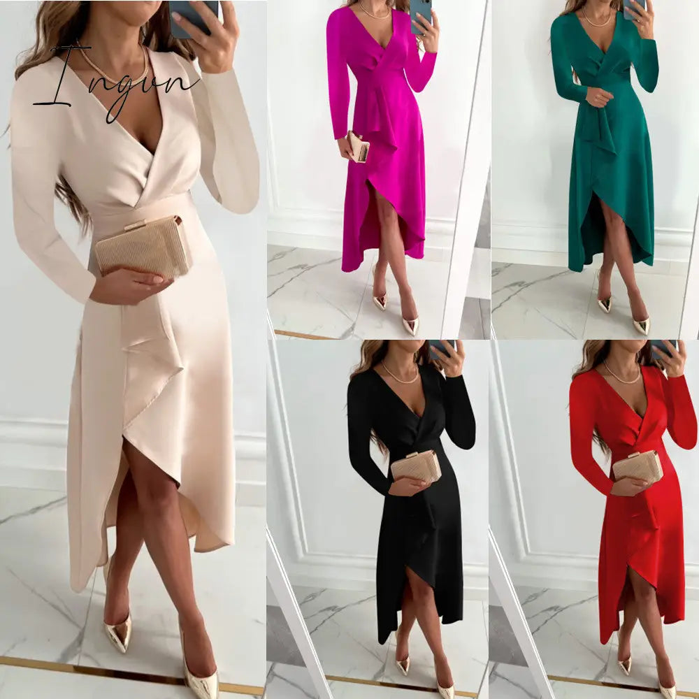 Ingvn - Women Casual Long Sleeve Fashion Solid Long Dress Autumn Winter Sexy V-neck Elegant Office Lady Irregular Dresses Female