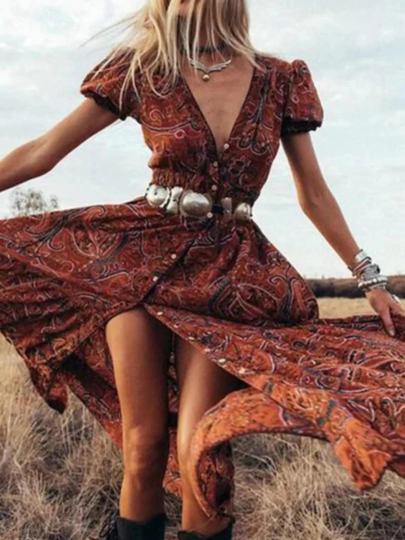 Full Size Printed Puff Sleeve Maxi Dress Plus Size