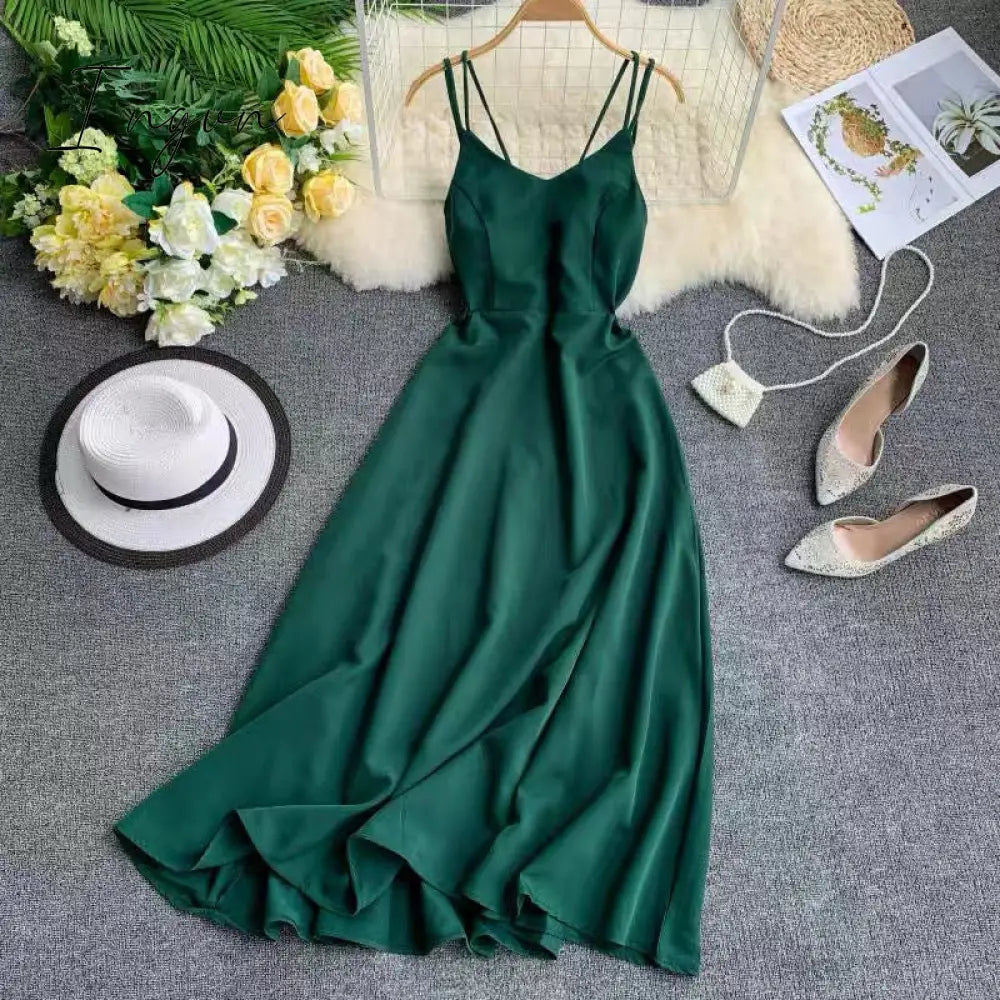 Ingvn - New-Coming Spring Summer Holiday Long Dress Cross Spaghetti Strap Open Back Beach Style Ankle-Length Women Dresses