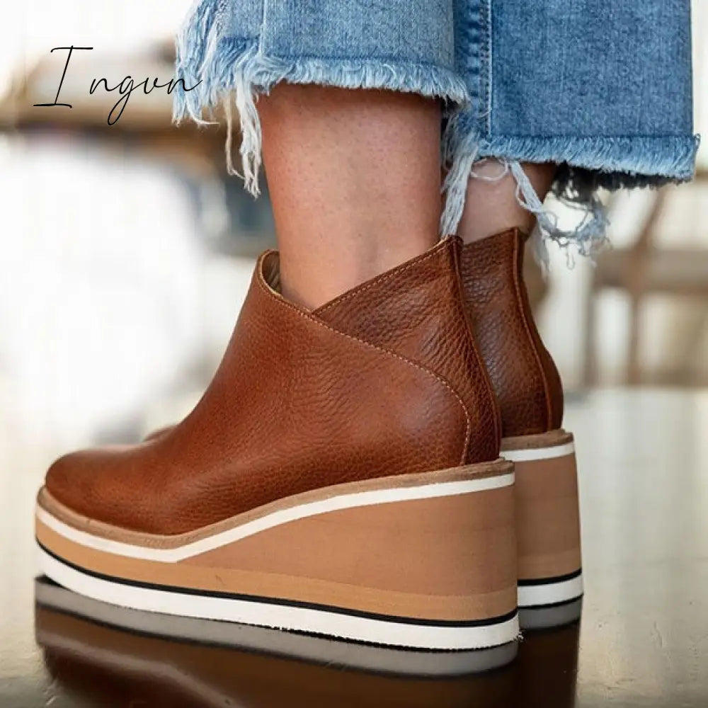 Ingvn - Women Solid Color Wedge Ankle Boots