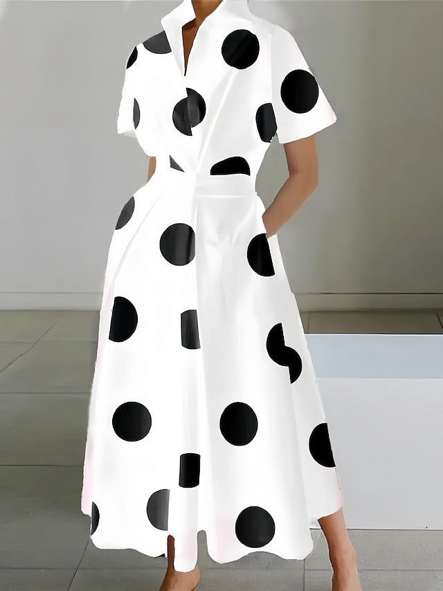 Ingvn - Women's Shirt Dress Casual Dress Maxi long Dress Outdoor Daily Vacation Polyester Fashion Elegant Shirt Collar Button Pocket Short Sleeve Summer Spring 2023 Loose Fit Black And White Black White