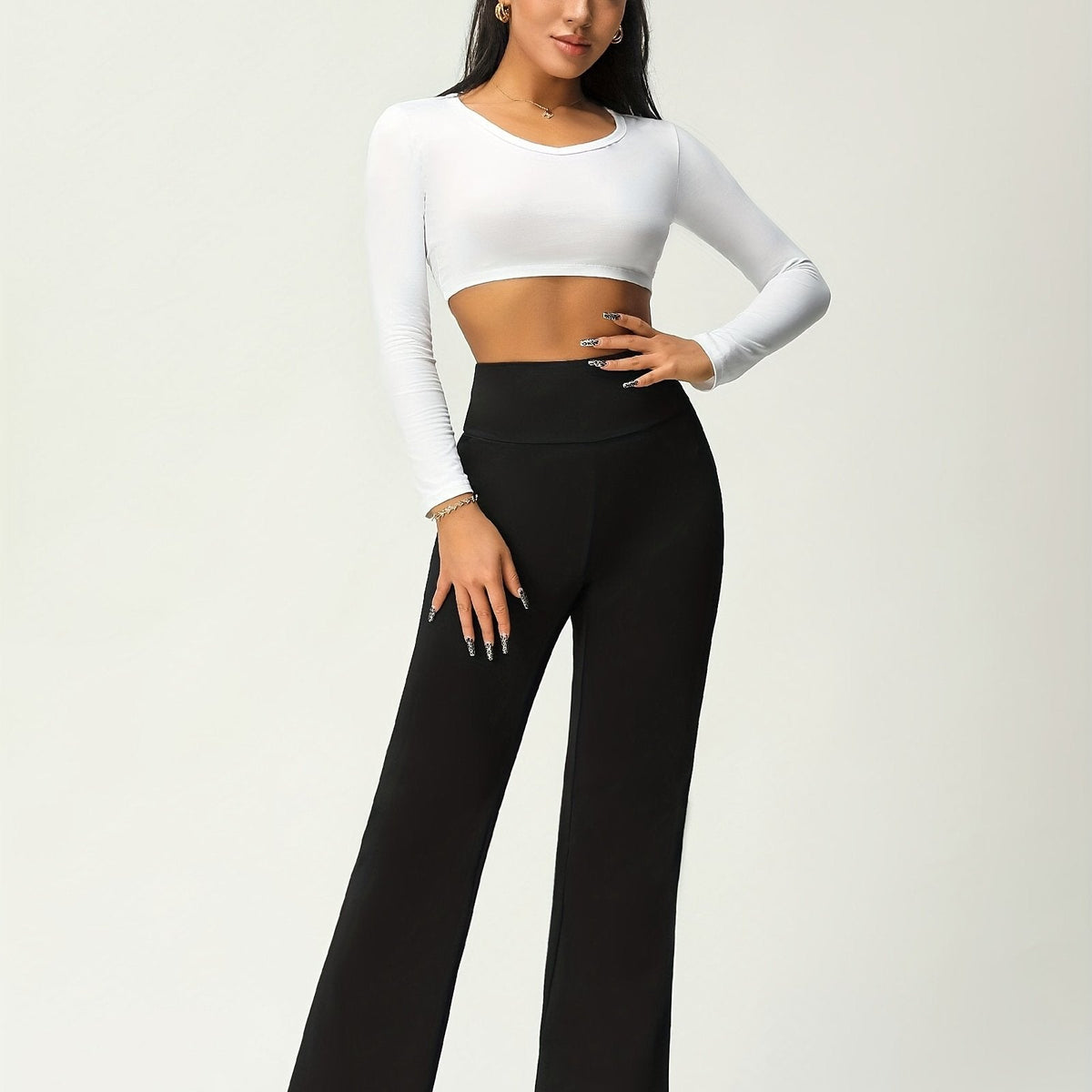 Women's Solid Flare Leg Pants, High Waist Stretchy Pants, Casual Every Day Pants, Women's Clothing