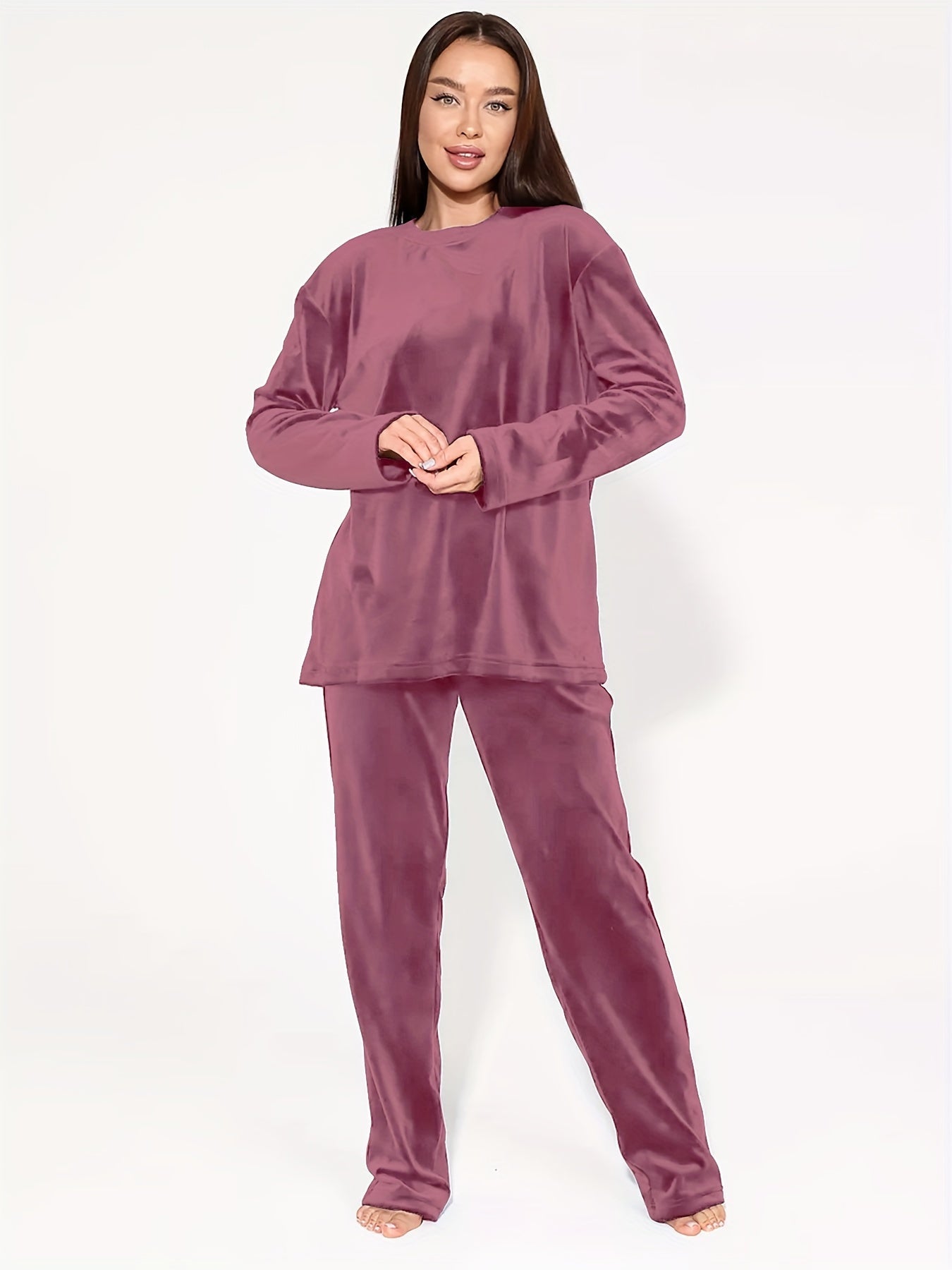 Plus Size 2 Piece Set Women's Elegant Lounge Set, Solid Warm Velvet Long Sleeve Top & Pants for Fall & Winter Home Wear