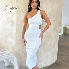 Ingvn - Irregular Sexy Cut Out Midi Dresses Club Party Sleeveless One Shoulder Textured Bodycon Dresses Outfits Vestido