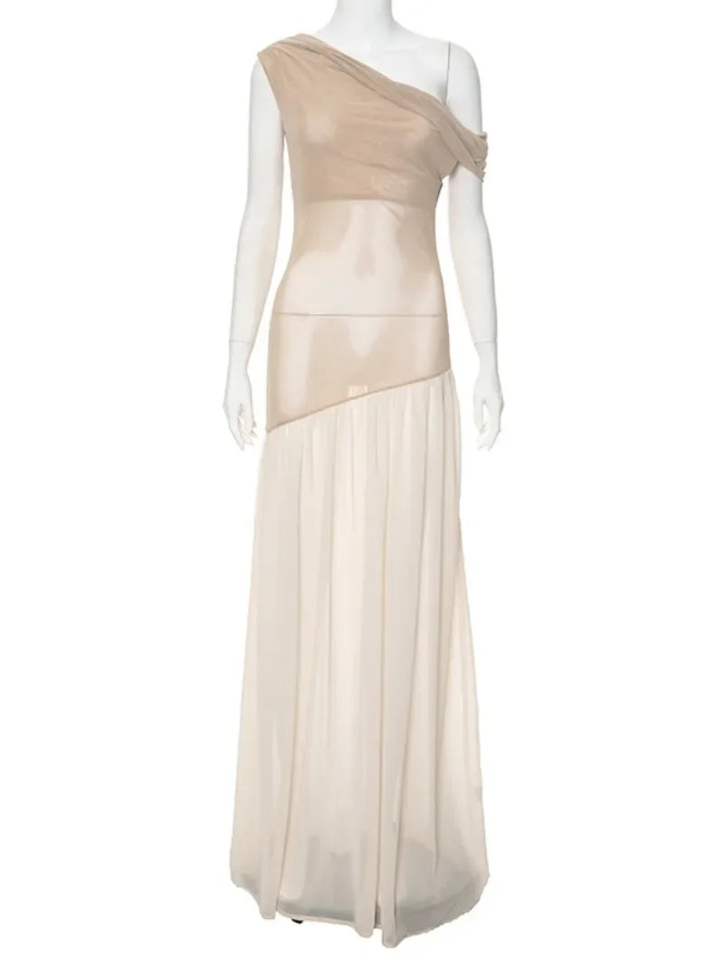Ingvn  Woman Clothing One Shoulder See-through Mesh Maxi Dress Elegant Diagonal Collar Sleeveless Irregular Long Party Evening Dresses