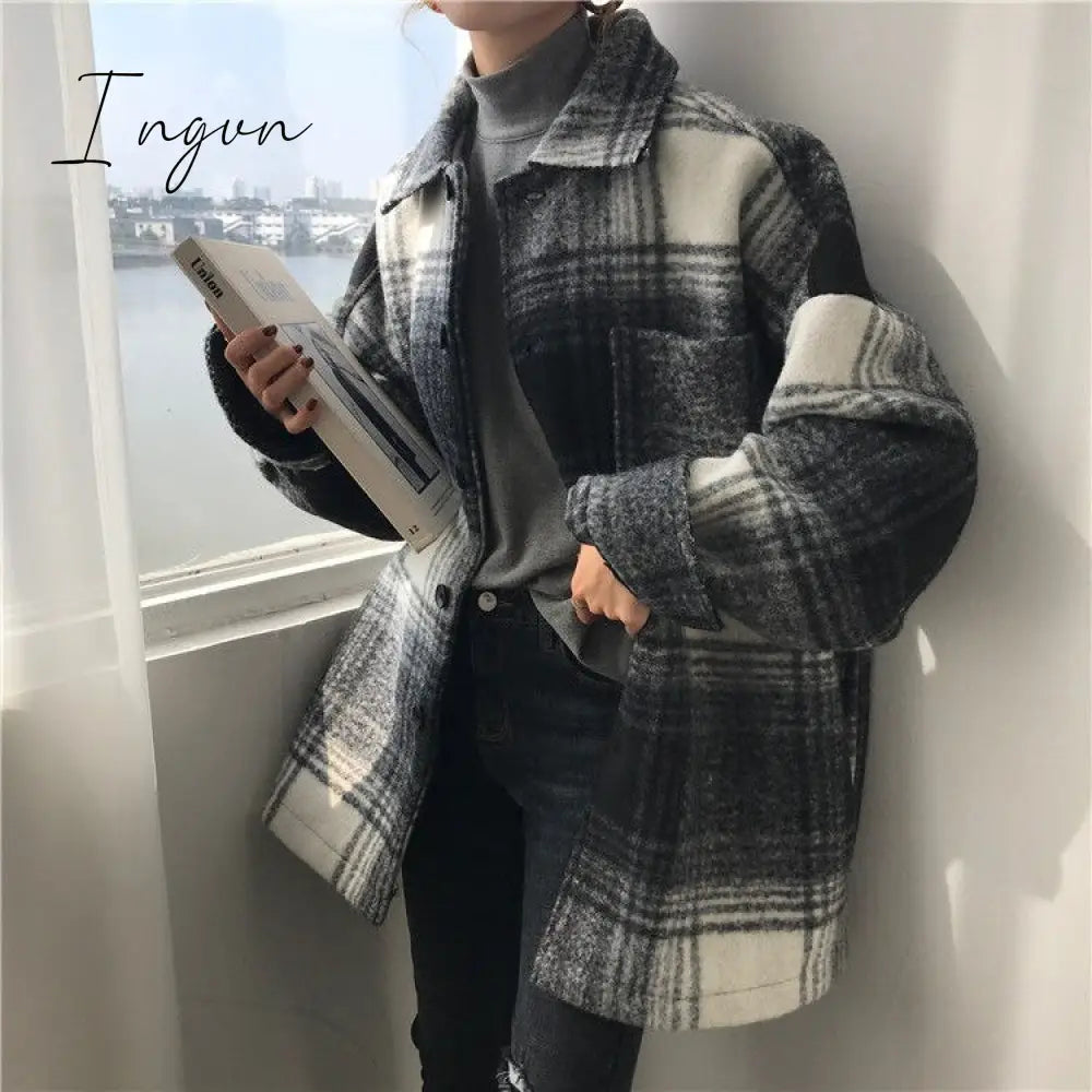 Ingvn - Wool Plaid Blends Coat Jacket