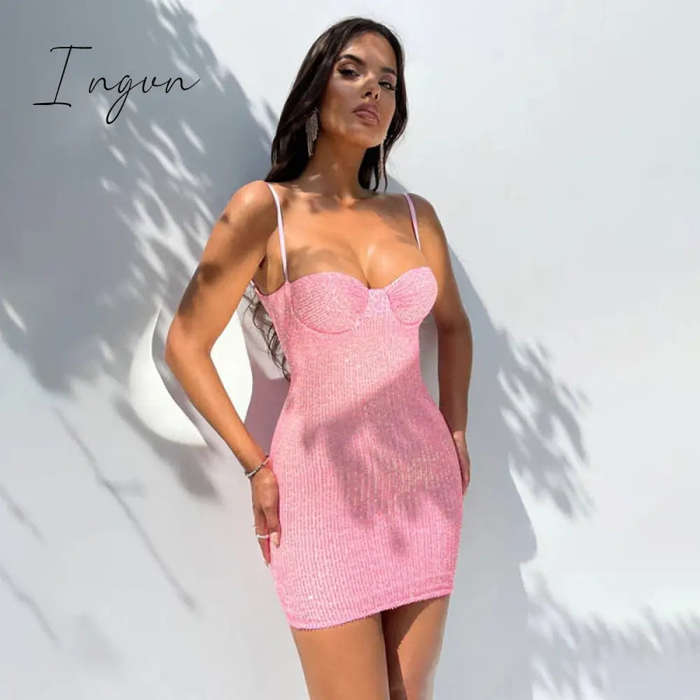 Ingvn - Fashion Sequins Skinny Mini Dress Women Spaghetti Strap Sleeveless Backless Slipdress Glitter Sparkle Sexy Club Dress