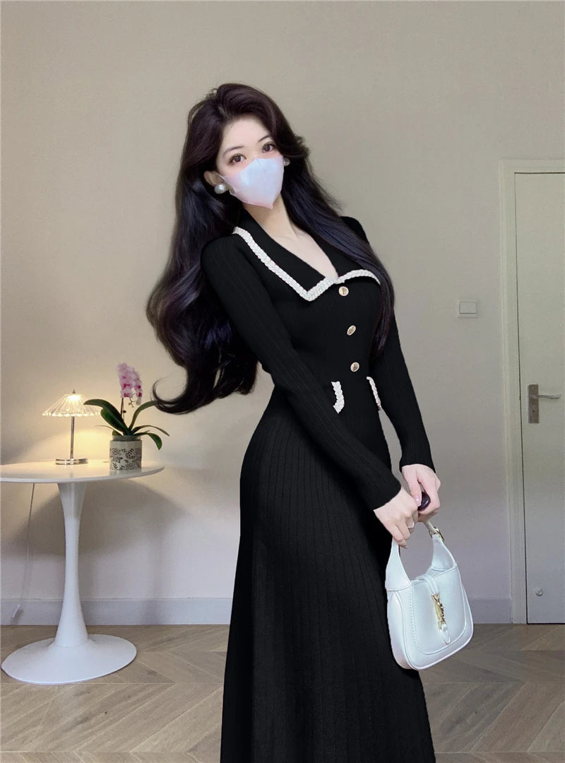 Autumn Winter Vintage Knitted Midi Dresses for Women Elegant Fashion Turn Down Collar Long Sleeves Sweater Female Clothing