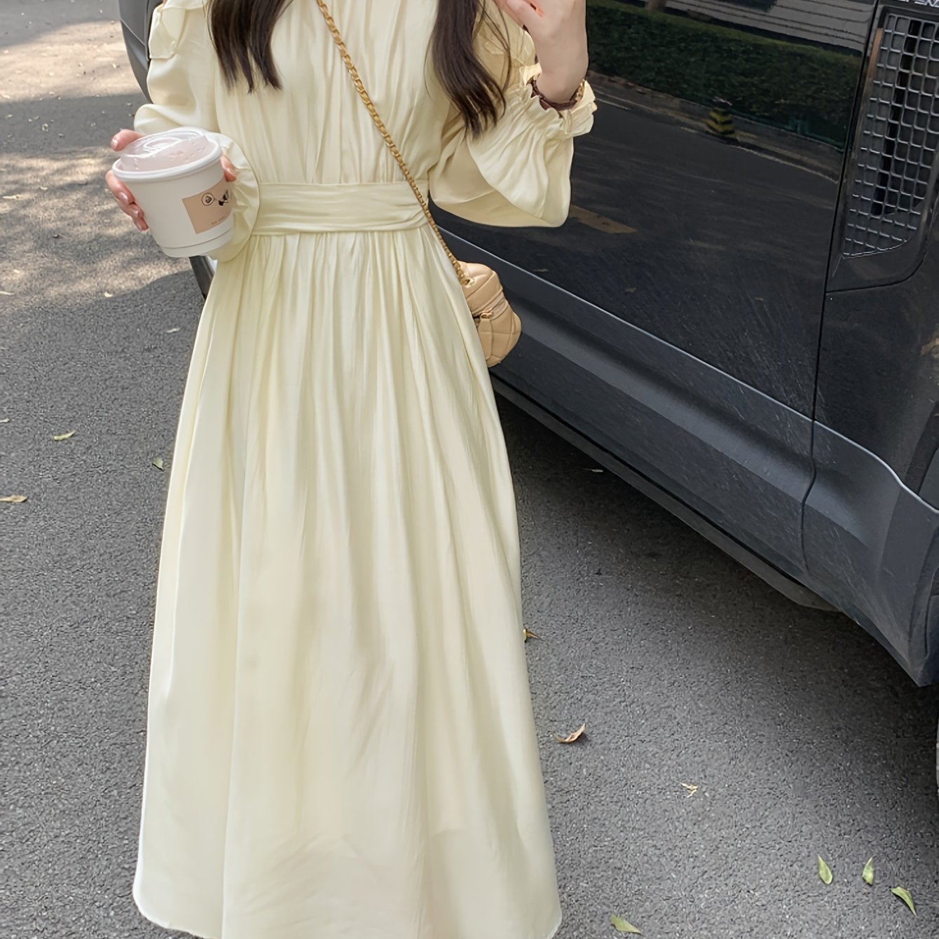 New Style High-end Long-Sleeved Dress with Exposed Shoulders and Waist for Women, Slimming A-line Dress