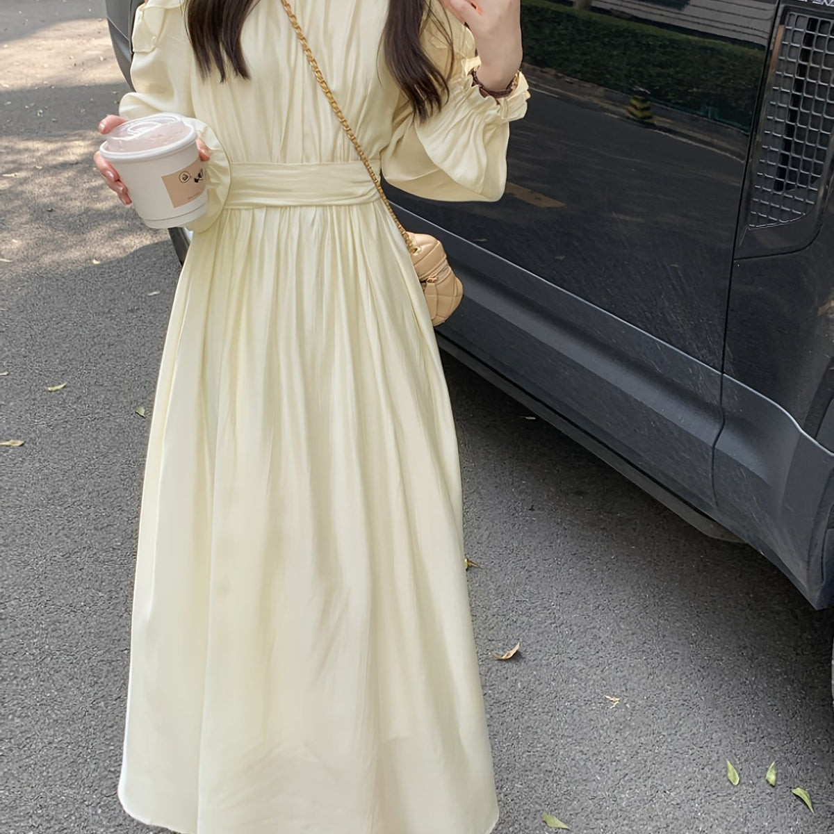 New Style High-end Long-Sleeved Dress with Exposed Shoulders and Waist for Women, Slimming A-line Dress