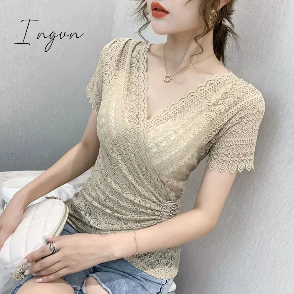 Ingvn - 5XL Women lace tops New Arrivals Summer short sleeve v-neck women blouse shirt Sexy Hollow out lace tops plus size blusas