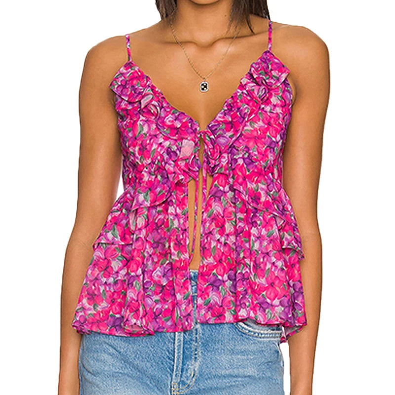 Womens Floral Ruffles Trim Camis Top Y2k V Neck Open Front Crop Tops Vest Beach Vacation Going Out Teen Girls Summer Tank Tops