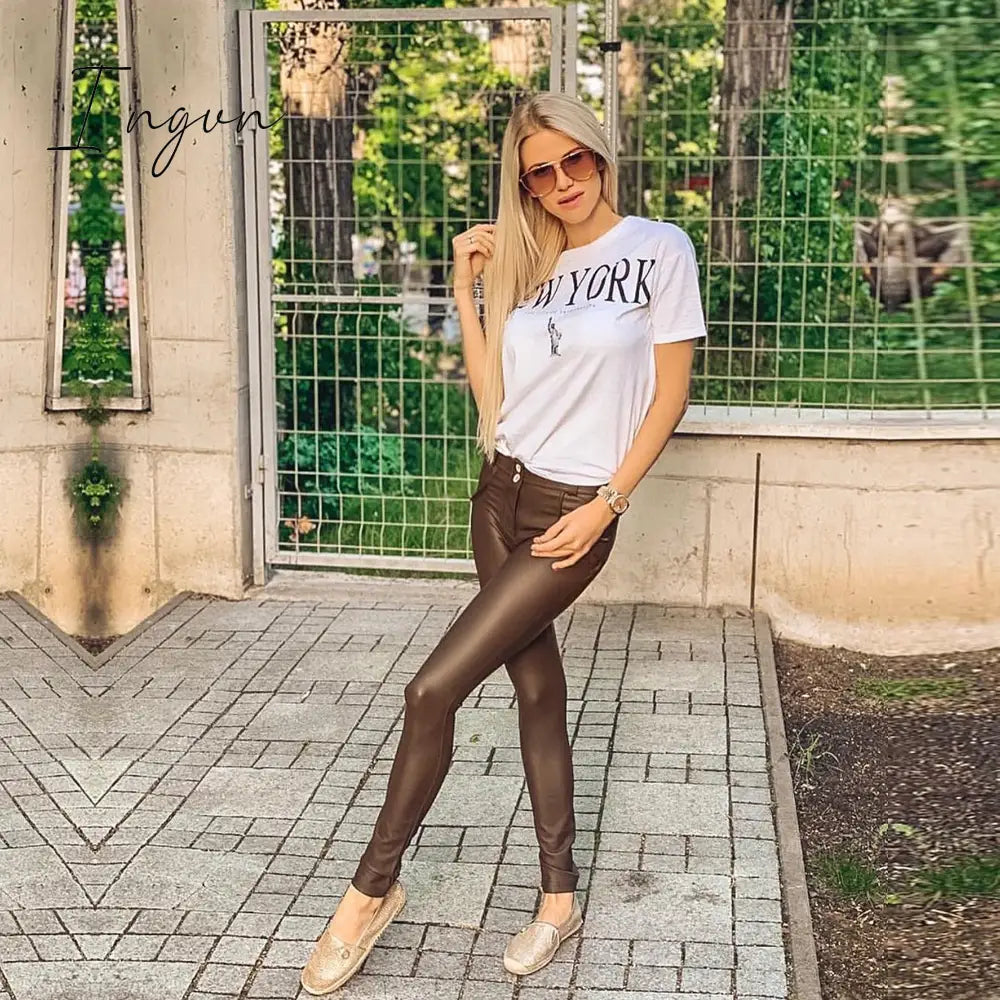Ingvn - Melody Brown Leather Pants Vintage Trausers Women Leggings Pvc Sexy Comfortable Moto Work Pants Woman Vinyl Trousers