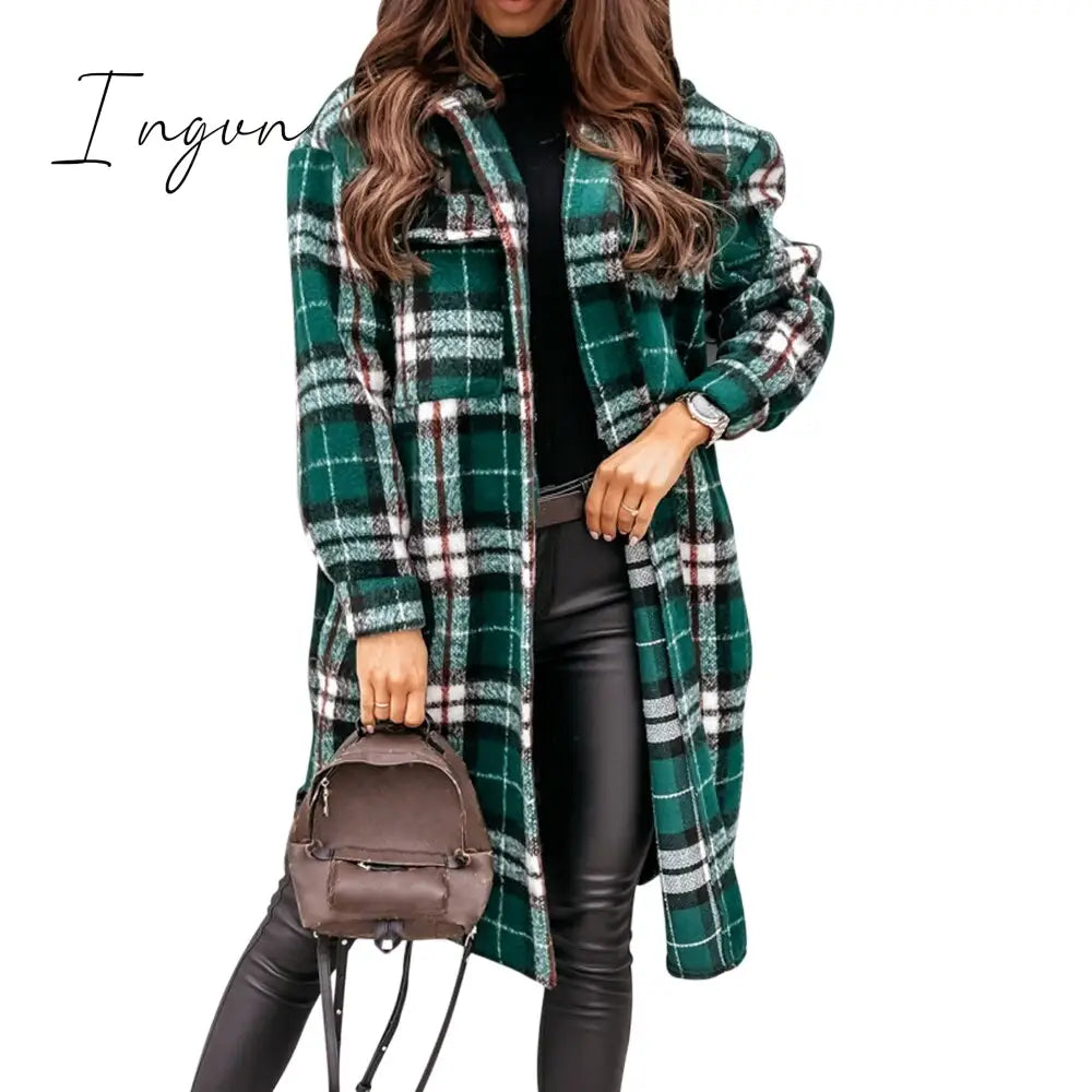 Ingvn - Lapel Single-breasted Double-pocket Plaid Coat