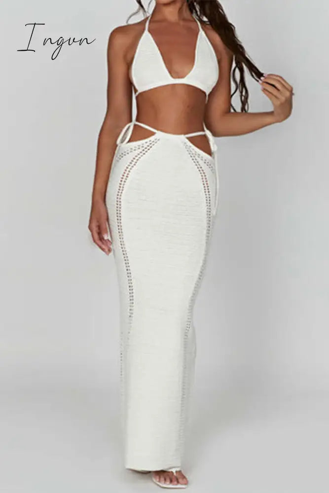 Ingvn - Sexy Vacation Solid Backless Strap Design Halter Sleeveless Two Pieces