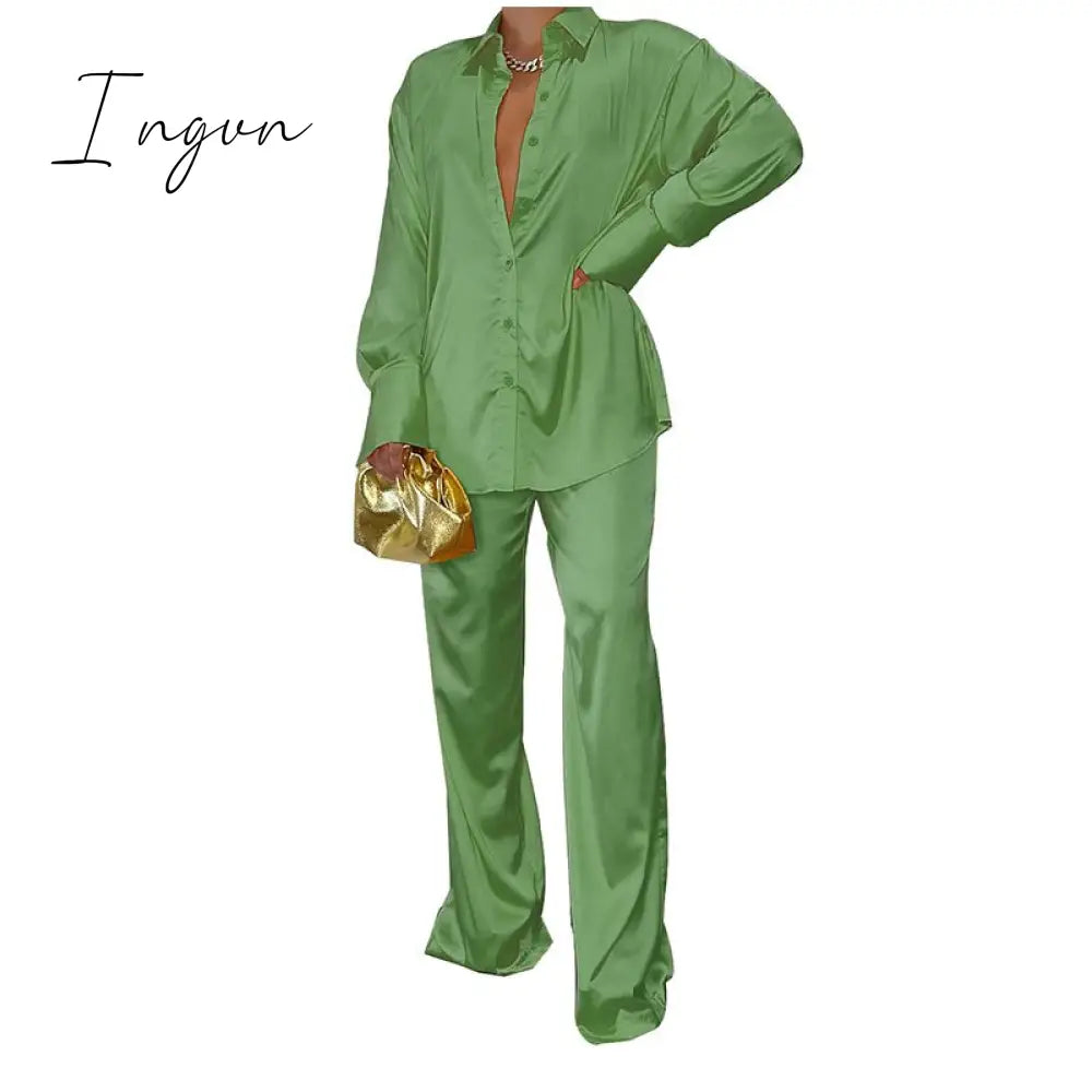 Ingvn - Women Elegant Satin Two Piece Sets Casual Feamle Solid Loose Outfits Long Sleeve Shirt And Wide Leg Straight Pants Suits