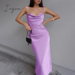 Ingvn - Purple Satin Midi Dress Summer Women Sexy Backless Sleeveless Pile Collar Spaghetti Strap Bandage Dress Woman Party Long Dresses