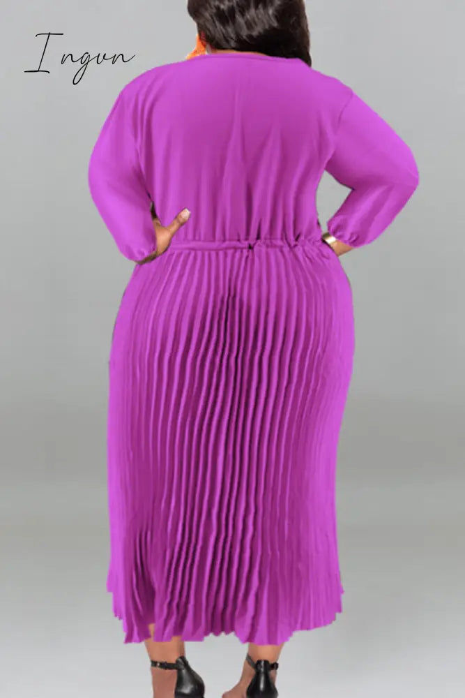 Ingvn - Gold Casual Street Solid Patchwork Draw String Zipper Pleated O Neck Long Sleeve Plus Size Dresses