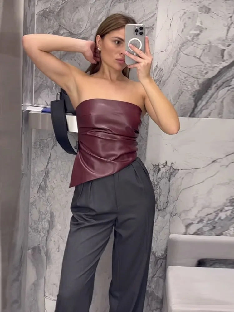 Mozision Off-shoulder Strapless PU Leather Sexy Tops Women Fashion Zipper Backless Sleeveless Ruched Irregular Club Crop Tops