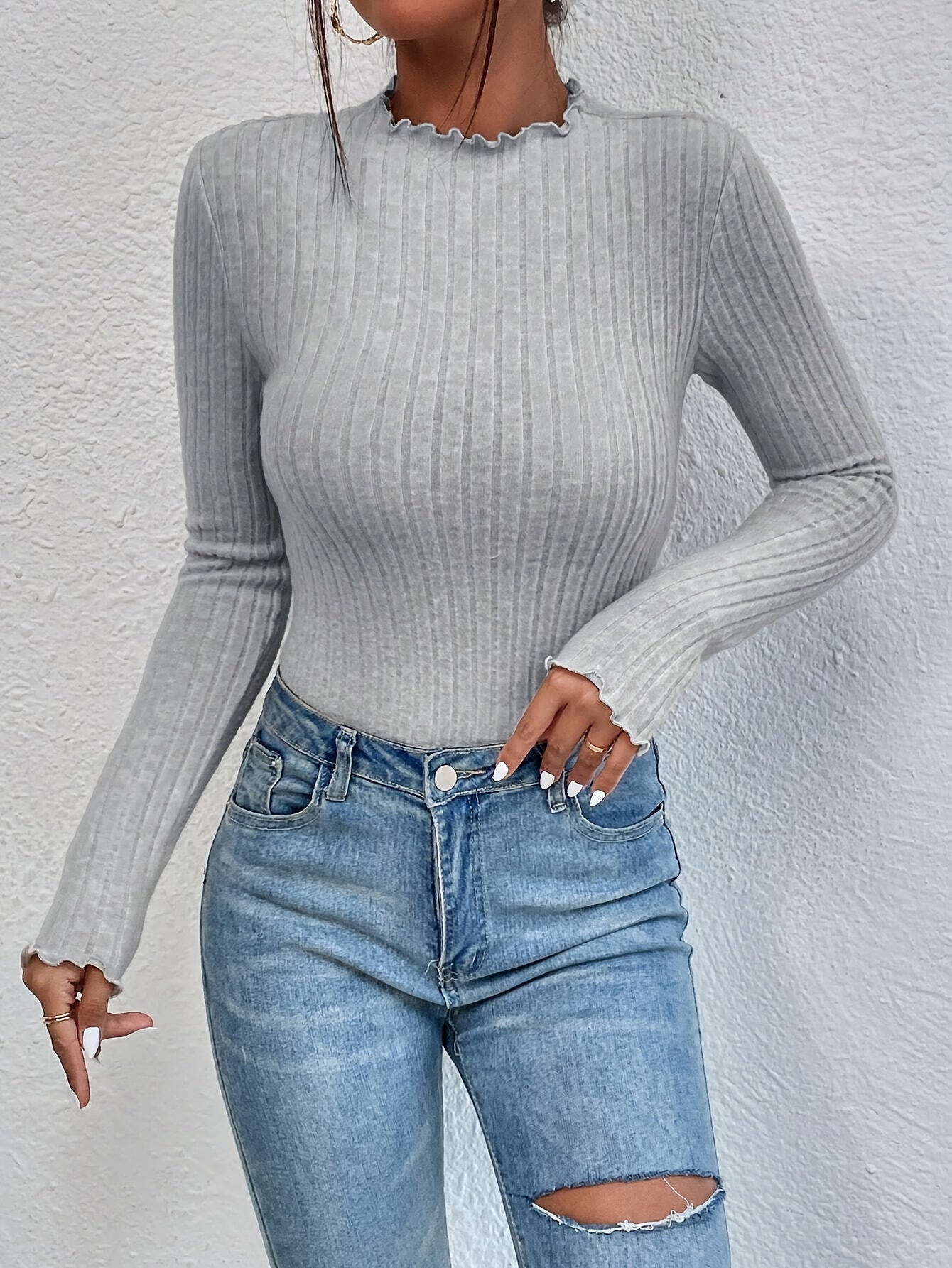 Women's Ribbed Knit Long Sleeve Top, Textured Ruffle Trim, Solid Color, Polyester, Elegant Turtleneck, Stretchy Fabric, Regular Fit, Sleeve Length, Autumn/Winter, T-Shirt Style