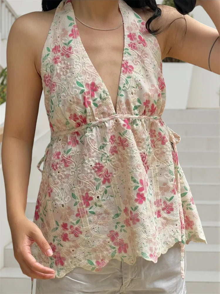 Women Floral Print Tank Tops V-Neck Tie-Up Halter Casual Vest Summer Sleeveless Tops Streetwear
