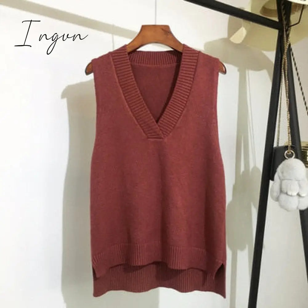 Ingvn - Autumn Women's Sweater Vest V-neck Sleeveless Irregular Casual Loose Knitted Pullover Tops Female Outerwear
