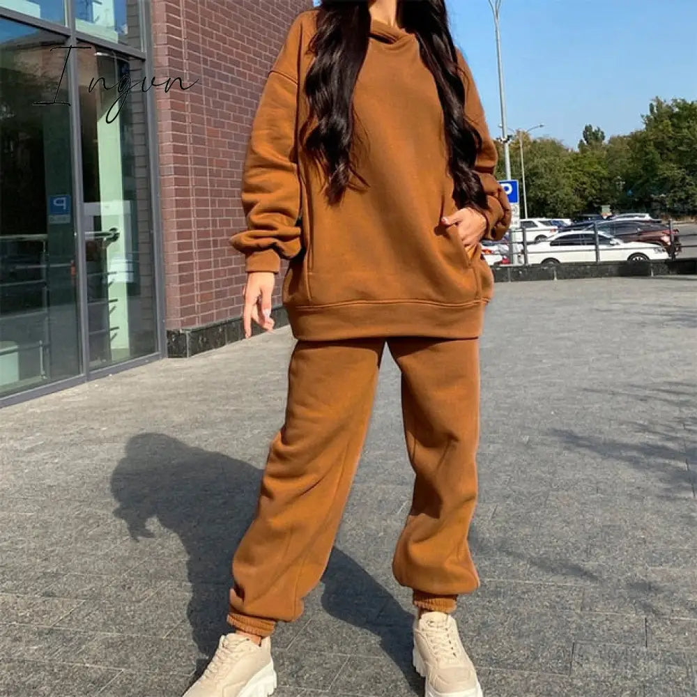 Ingvn - Women Elegant Solid Sets For Women Warm Hoodie Sweatshirts And Long Pant Fashion Two Piece Sets Ladies Lace Up Sweatshirt Suits