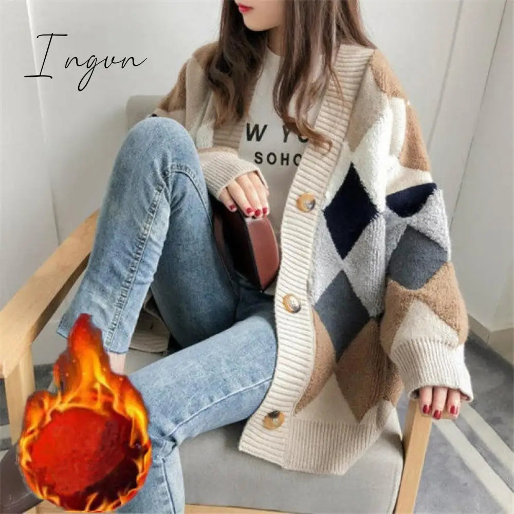 Ingvn - Womens Fashion Spring Winter Women's Plaid Plus Velvet Warm Knitted Sweaters Cardigans Long Sleeve Checkered Coat Oversize Sweater Jackets