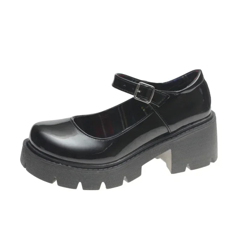 Platform Heels Mary Jane Shoes Simple Lolita Black Platform Heeled Shoes Student College Sweet Medium Heel Women Single Shoes