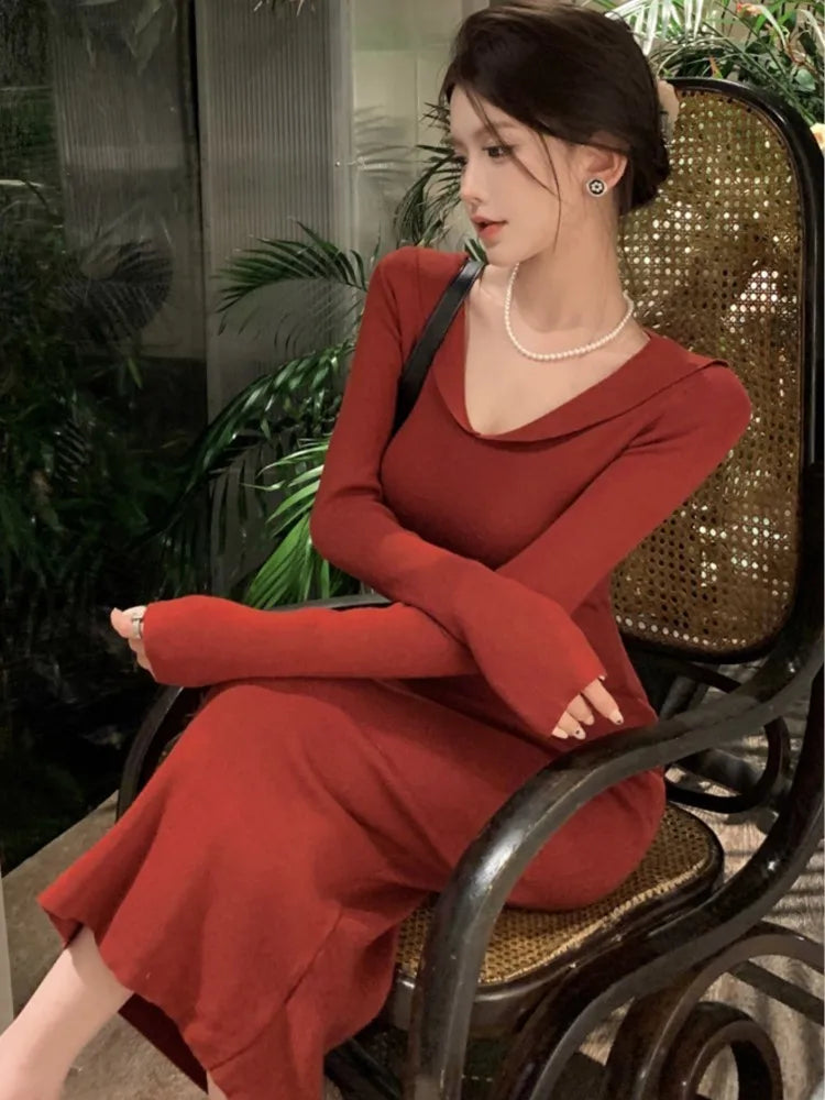 Elegant Knitted Dresses for Women Vintage V-Neck Long Sleeves Party Midi Dress Autumn Solid Prom Vestidos Female Casual Clothing