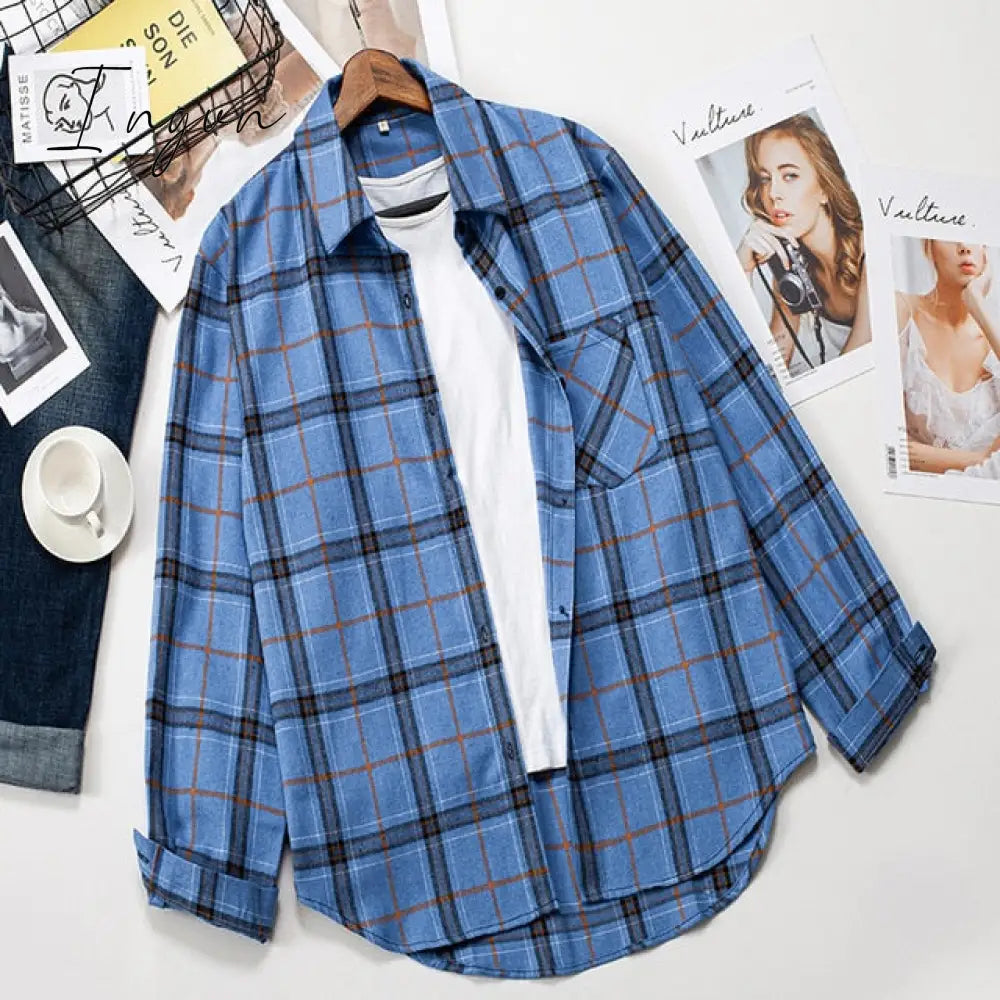 Ingvn - Plaid Shirts Women Top And Blouses Long Sleeve Oversized Cotton Ladies Casual Blusas One Pocket Loose Female Checked Shirt