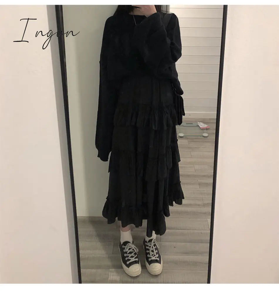 Ingvn - Midi Long Skirts Womens Maxi Skirt Goth Lolita Summer High Waisted Asymmetrical High Low Ruched Ruffle Skirts rok
