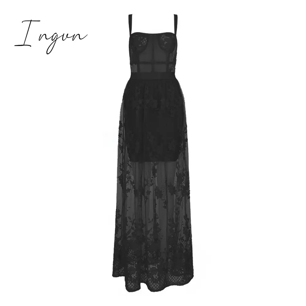 Ingvn - High Quality Red White Black Lace Sleeveless Hollow Out Long Rayon Bandage Dress Evening Party Elegant Dress