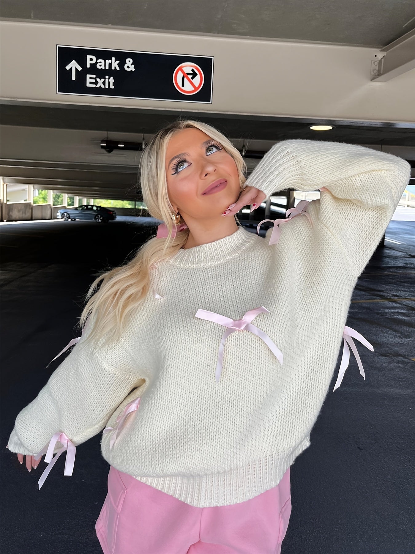 1pc Y2K Style Women'S Acrylic Knit Pullover Sweater - Crew Neck, Long Sleeve, Solid Color with Satin Bow Accents, Medium Stretch Fabric, Regular Length - Spring/Fall Fashion