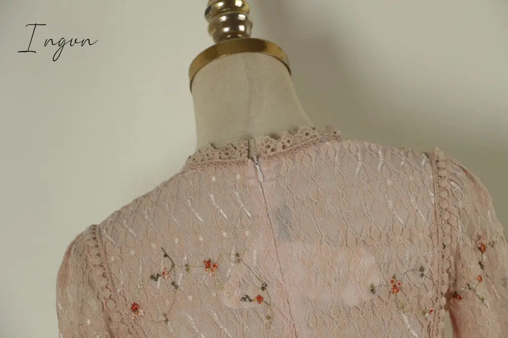 Ingvn - Pink Lace Embroidery Maxi Dress Female spring Winter Full sleeve high waist Ruffle elegant Long party dresses Woman